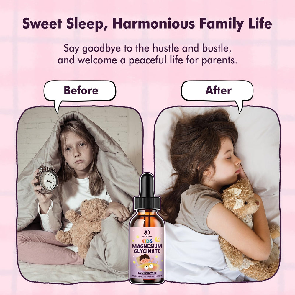 LUCNVEM L-Theanine sleep support drops with child-friendly presentation, promoting a calm evening routine.