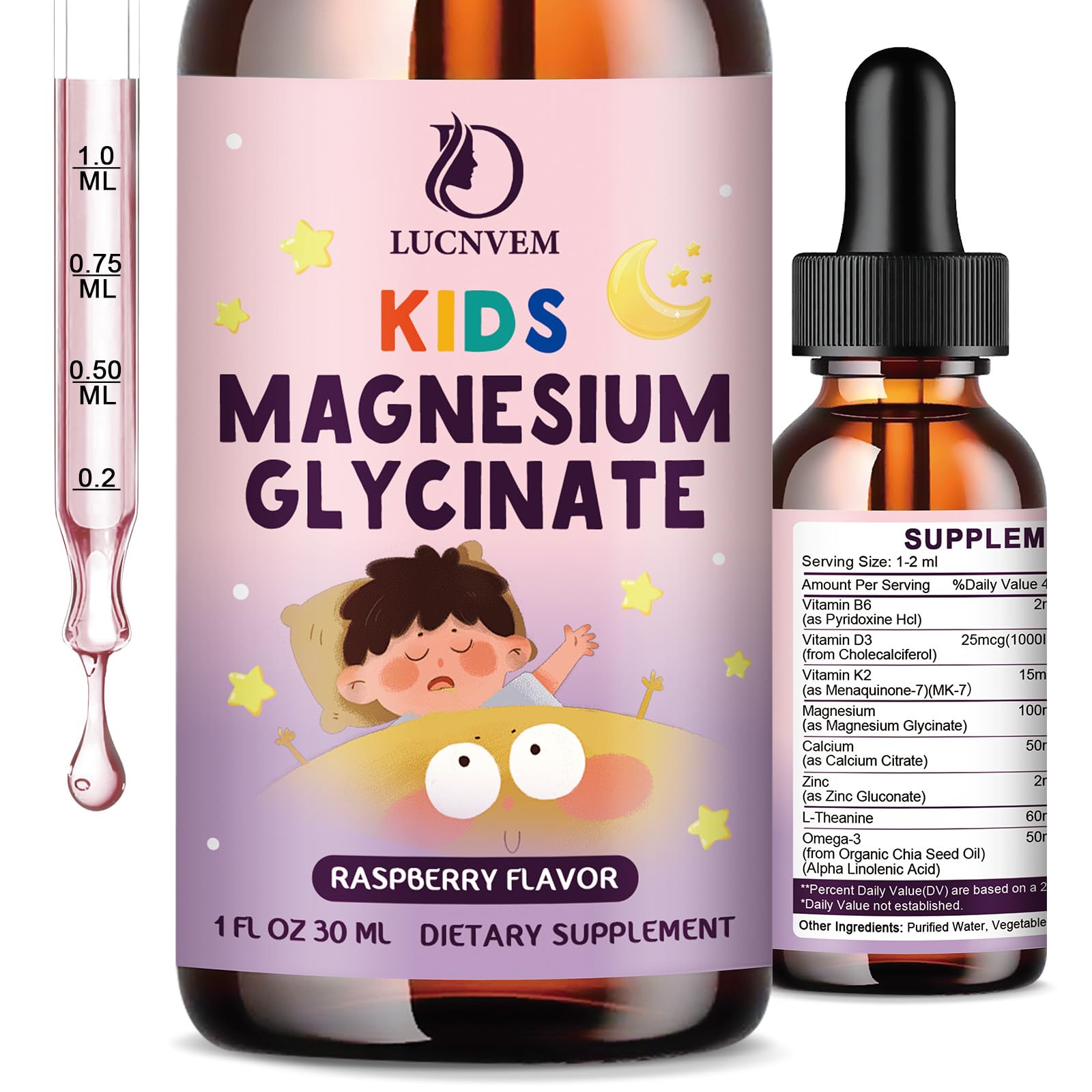 LUCNVEM magnesium glycinate drops bottle with dropper for kid-friendly bedtime support.