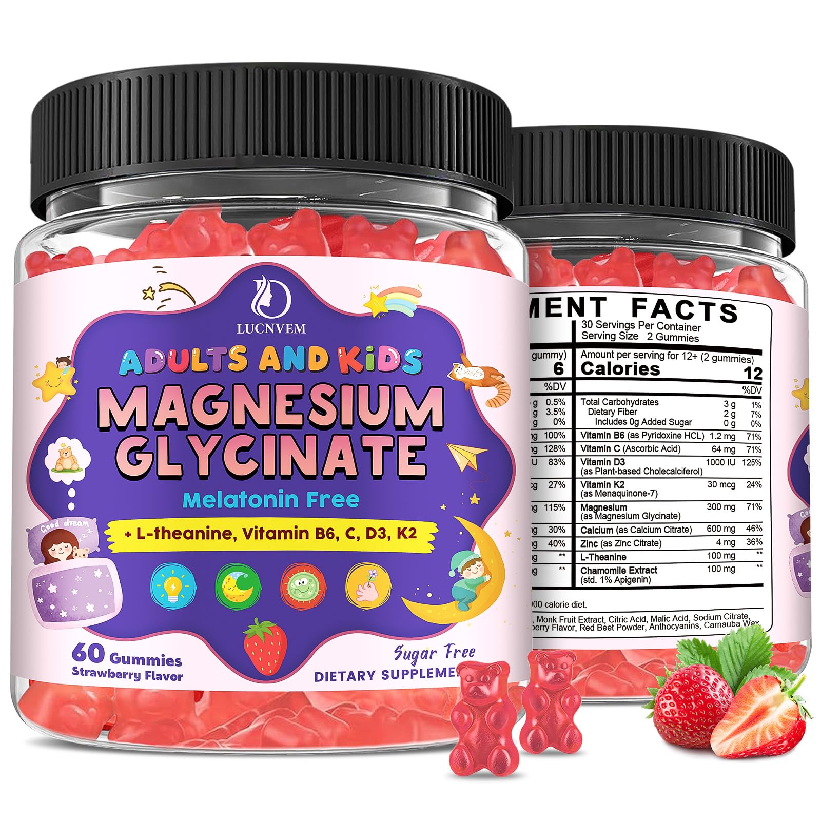 LUCNVEM magnesium glycinate gummies bottle with strawberry flavor for gentle sleep support.