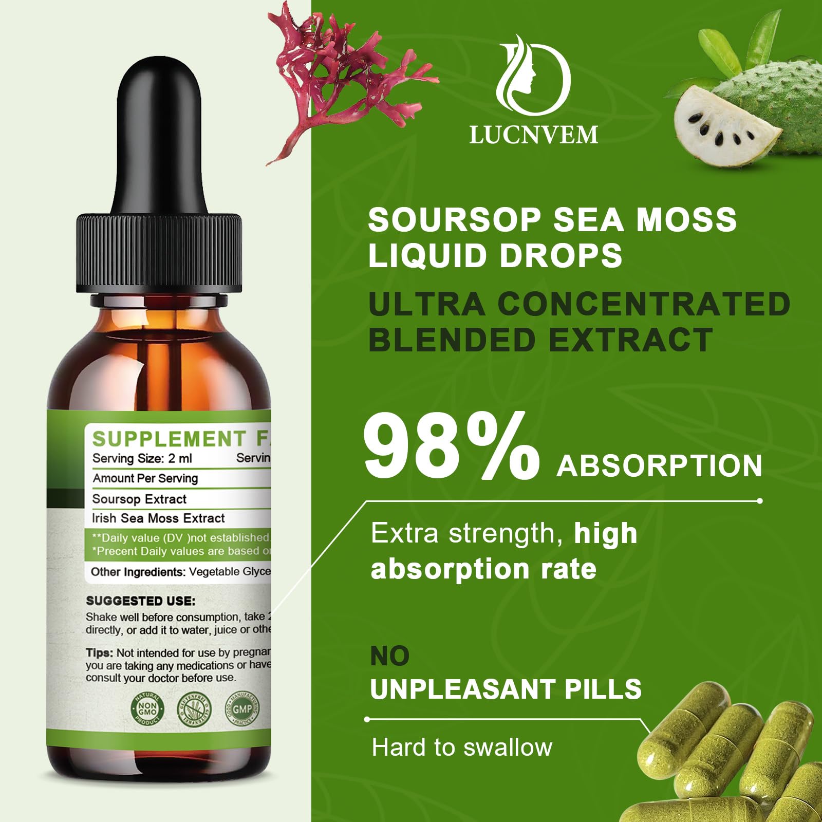 LUCNVEM soursop-sea-moss liquid pour demonstrates easy-to-dispense drops.