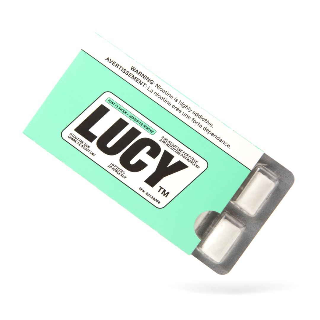 Lucy nicotine gum 2mg mint packfront for convenient on-the-go craving relief.
