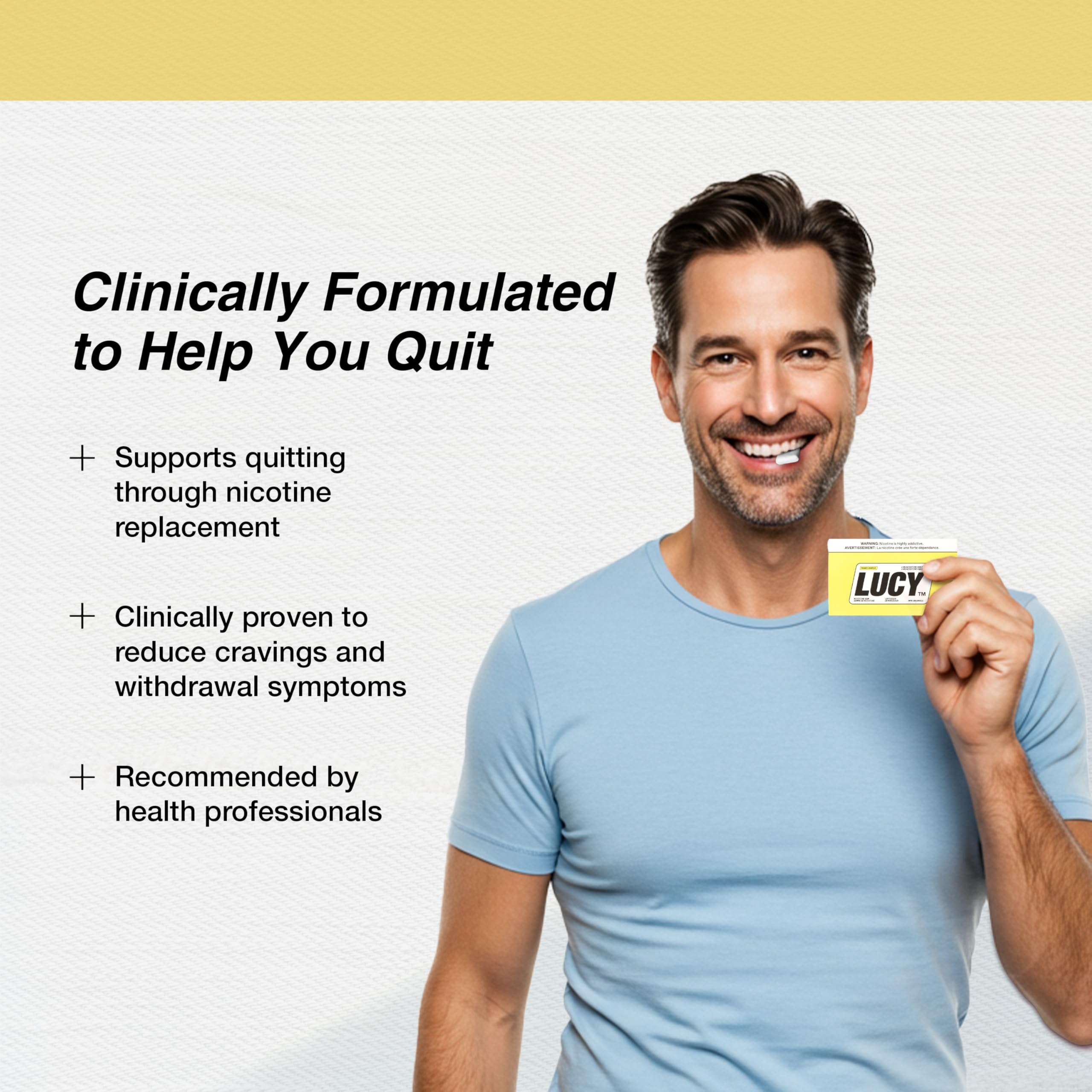 LUCY Nicotine Gum 4mg Mango box front displaying branding for quick recognition during shopping