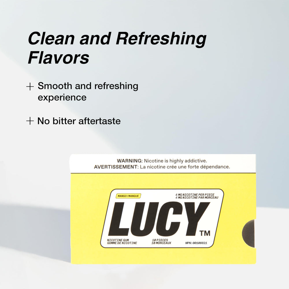 LUCY Nicotine Gum 4mg Mango gum piece close-up shows texture for comfortable chewing