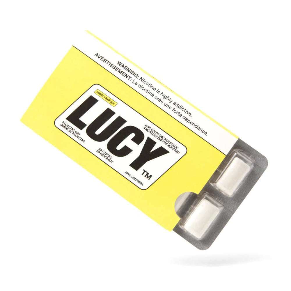 LUCY Nicotine Gum 4mg Mango pack on shelf may help manage cravings during quit attempts