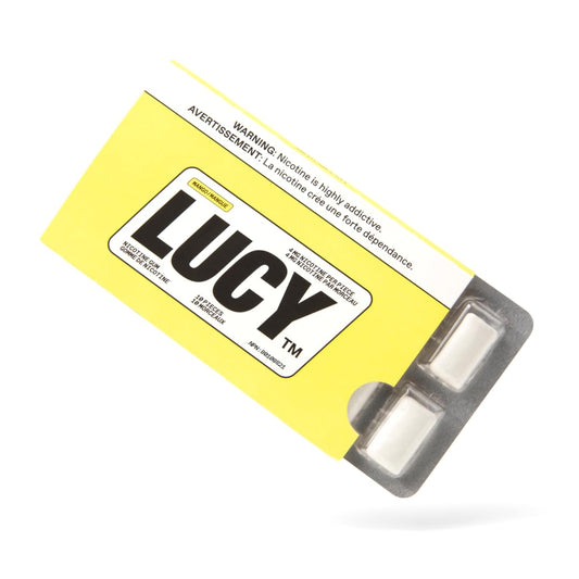 LUCY Nicotine Gum 4mg Mango pack on shelf may help manage cravings during quit attempts