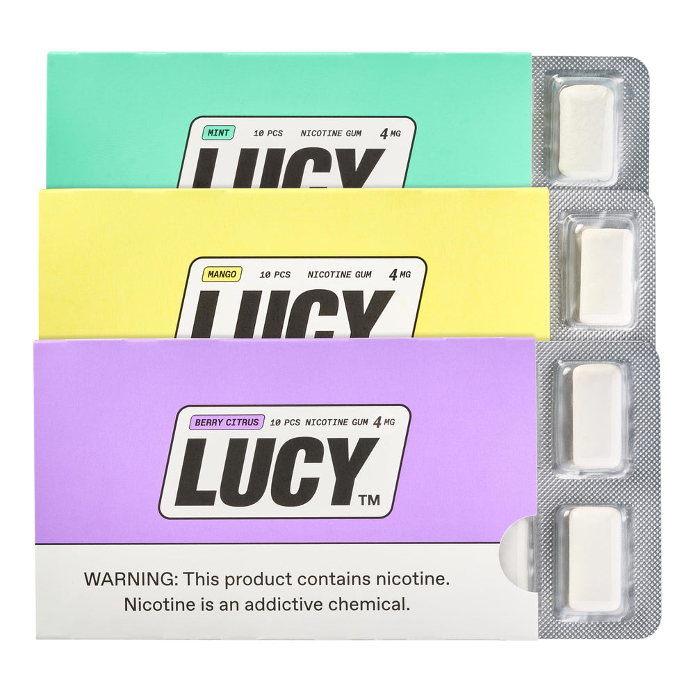 Lucy nicotine gum 4mg pack front for discreet on-the-go use.