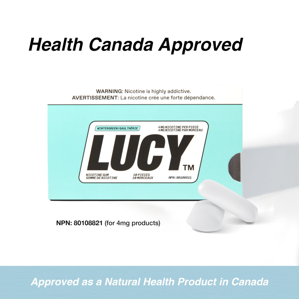 Lucy Nicotine Gum bag travel-ready for quick breaks.