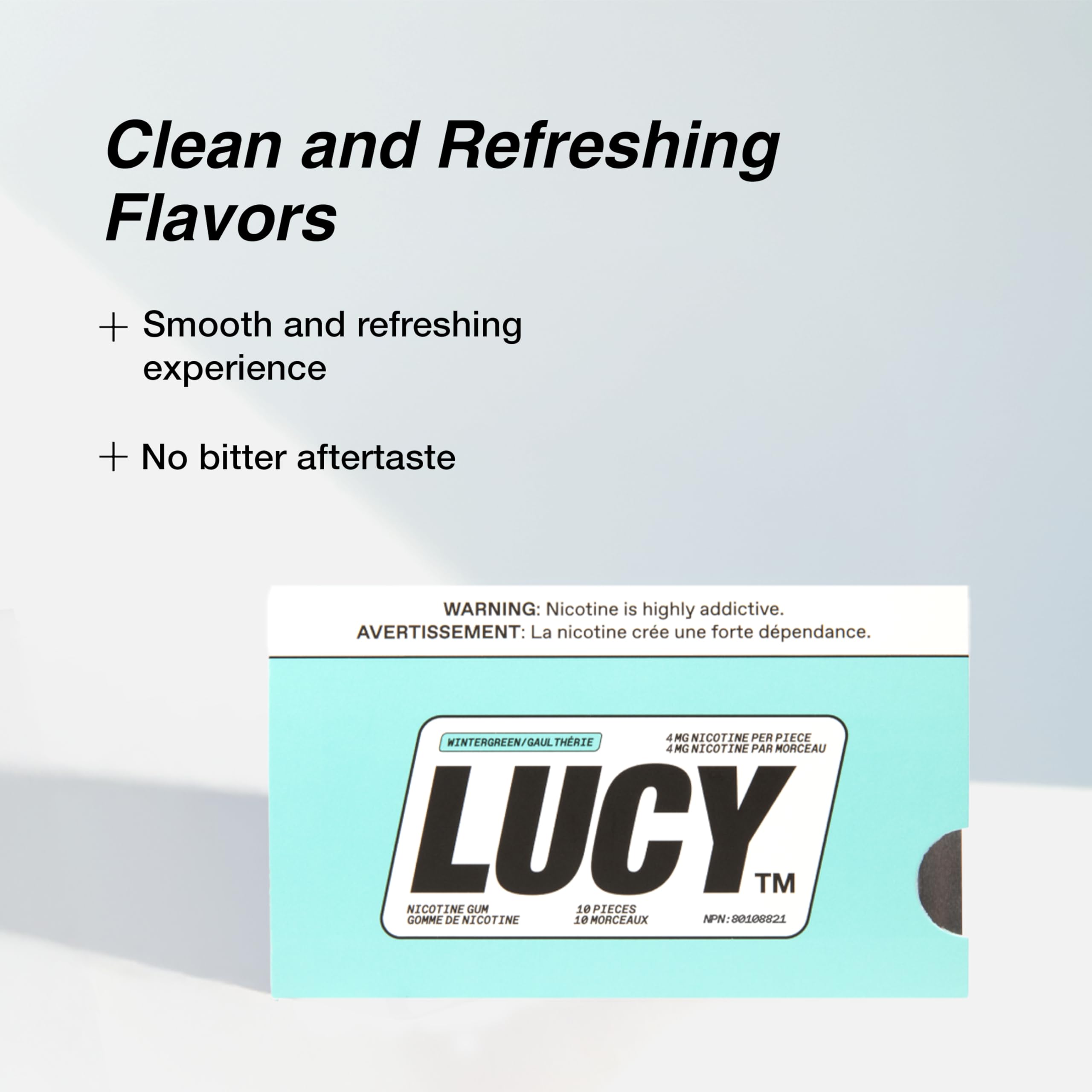 Lucy Nicotine Gum blister pack wintergreen for quick cravings control.