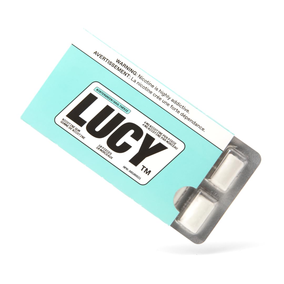 Lucy Nicotine Gum wintergreen packaging highlights easy, on-the-go support for cravings.