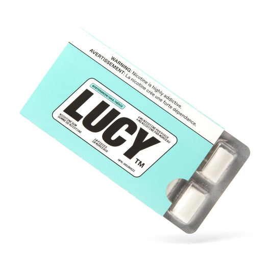 Lucy Nicotine Gum wintergreen packaging highlights easy, on-the-go support for cravings.