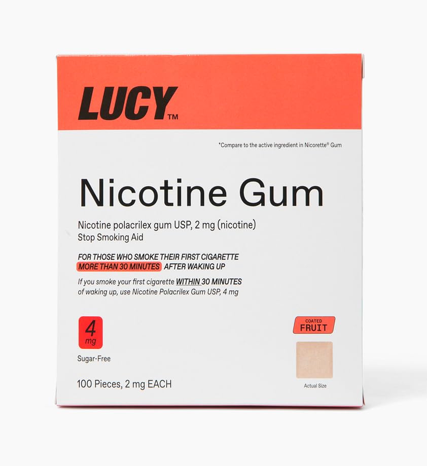Lucy NRT fruit-flavor gum 100-piece box in bright packaging supports quitting cravings