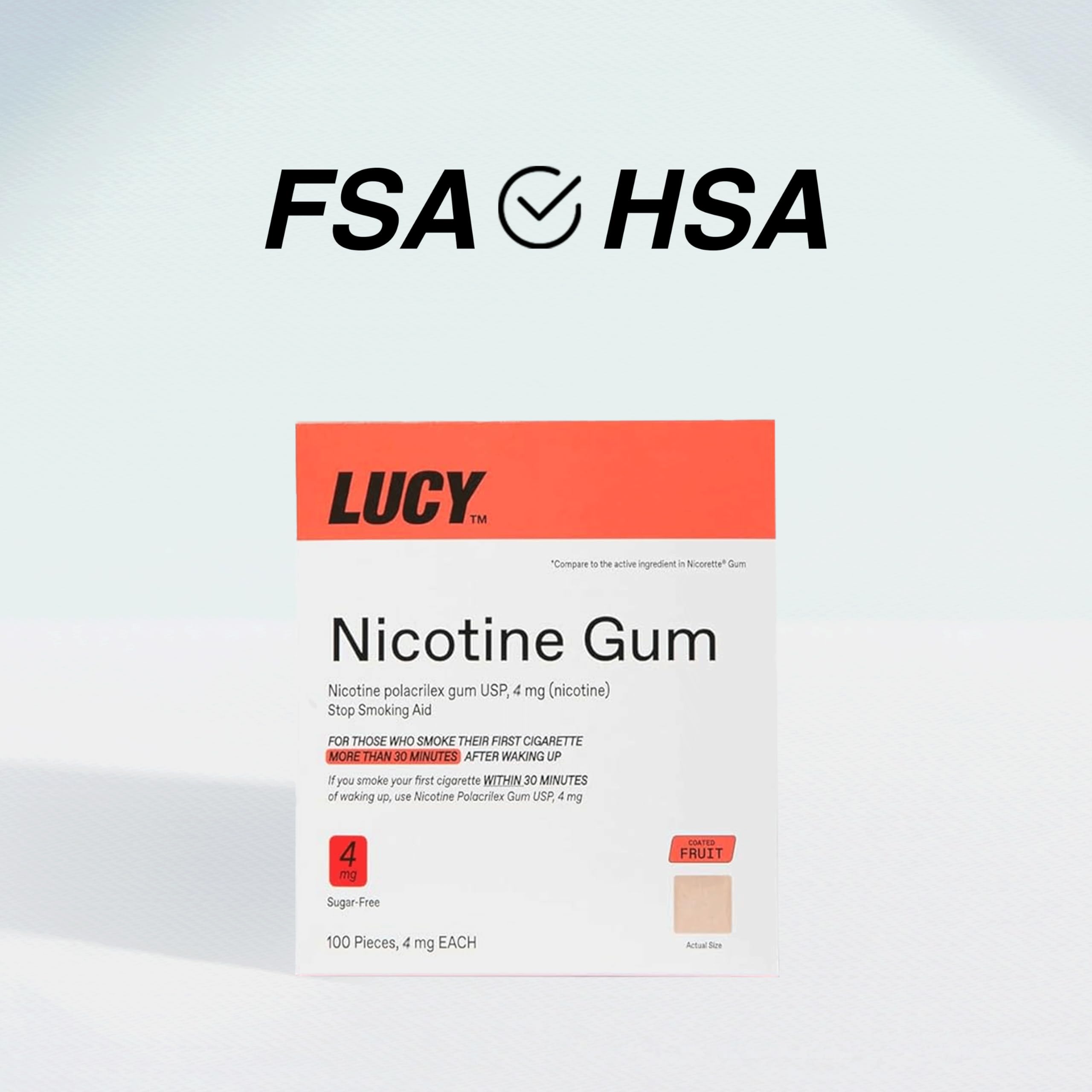 Lucy NRT fruit-flavor gum box open with stacked coating pieces