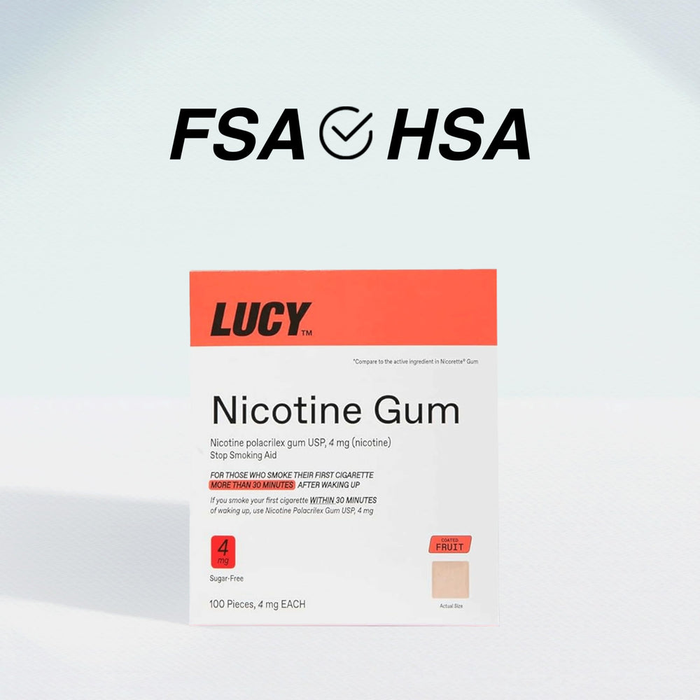 Lucy NRT fruit-flavor gum box open with stacked coating pieces