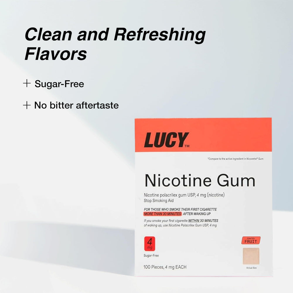 Lucy NRT fruit-flavor gum single piece in hand ready for quick craving relief
