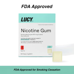 LUCY logo and mint branding on nicotine gum packaging.