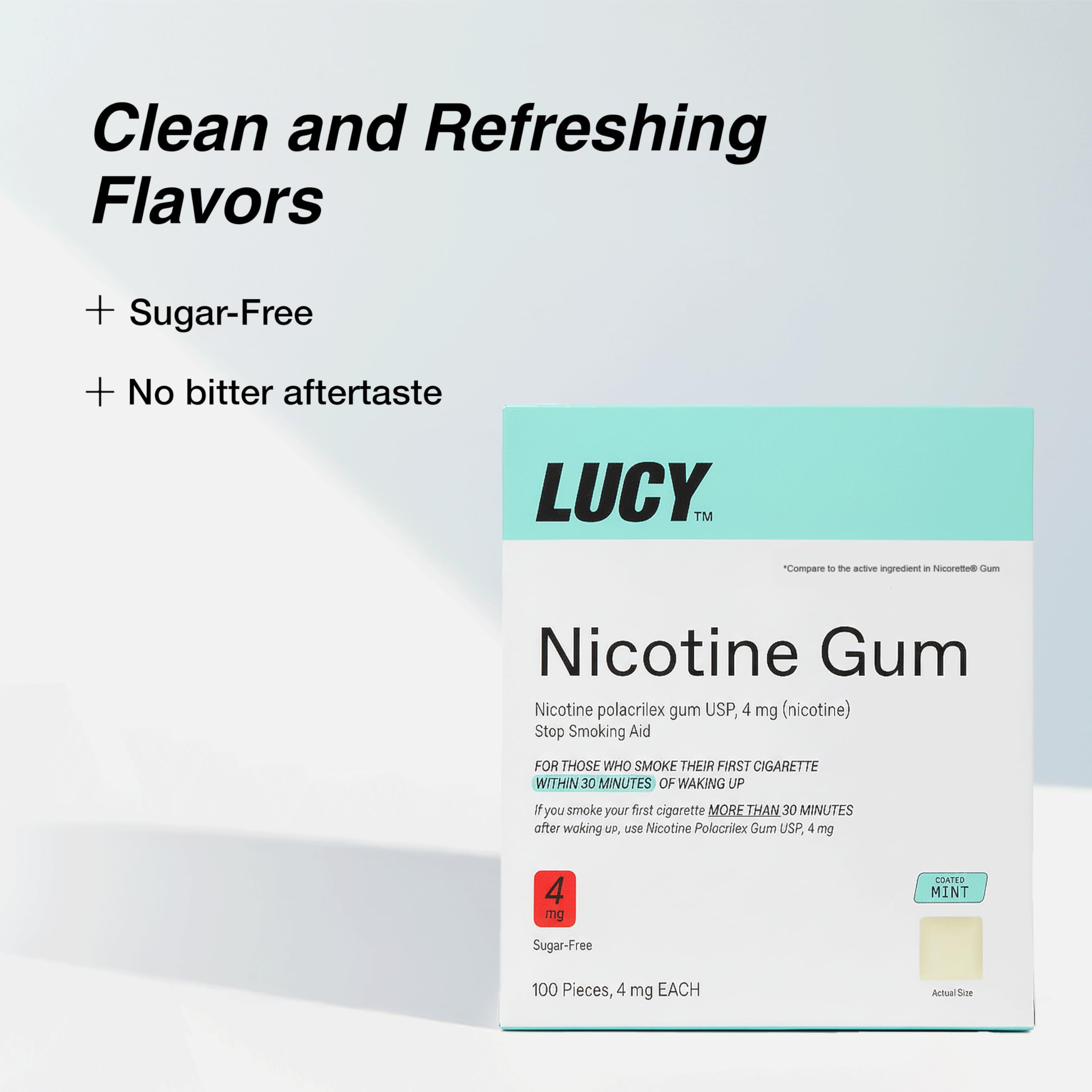 Coated mint gum pieces from LUCY NRT mint flavor.