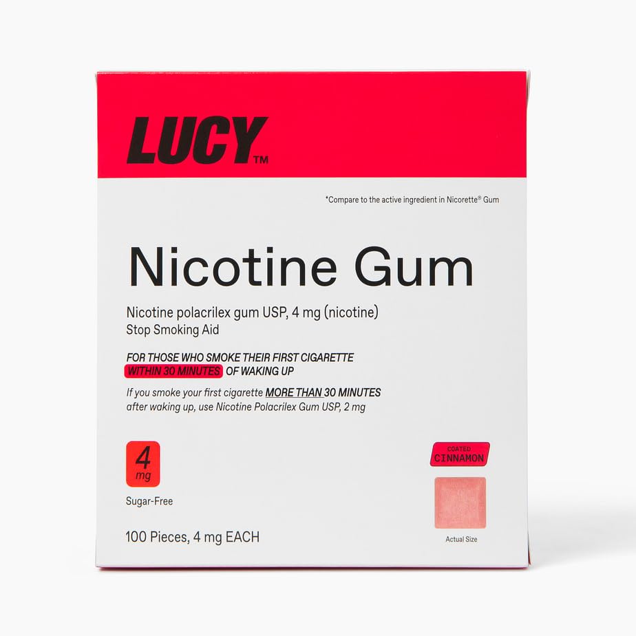 LUCY NRT Cinnamon gum pack for quitting support and convenience.