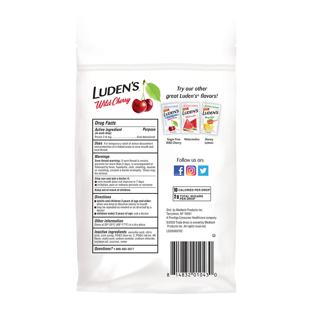 Luden's Wild Cherry flavor offering refreshing taste and soothing feel.