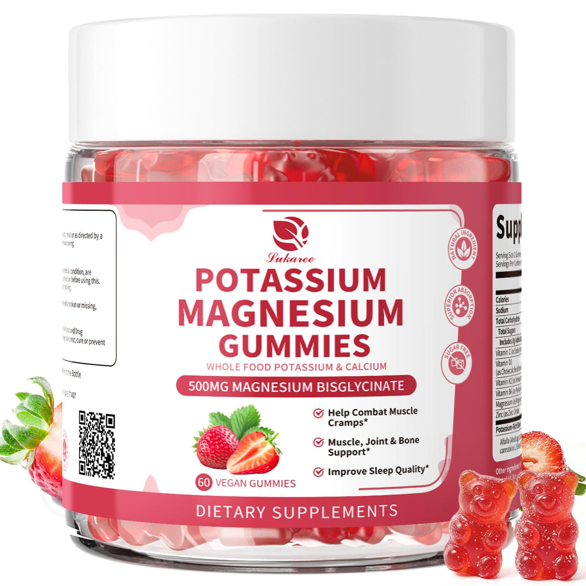 Lukaree 2-pack magnesium-potassium gummies bottle for convenient daily use.