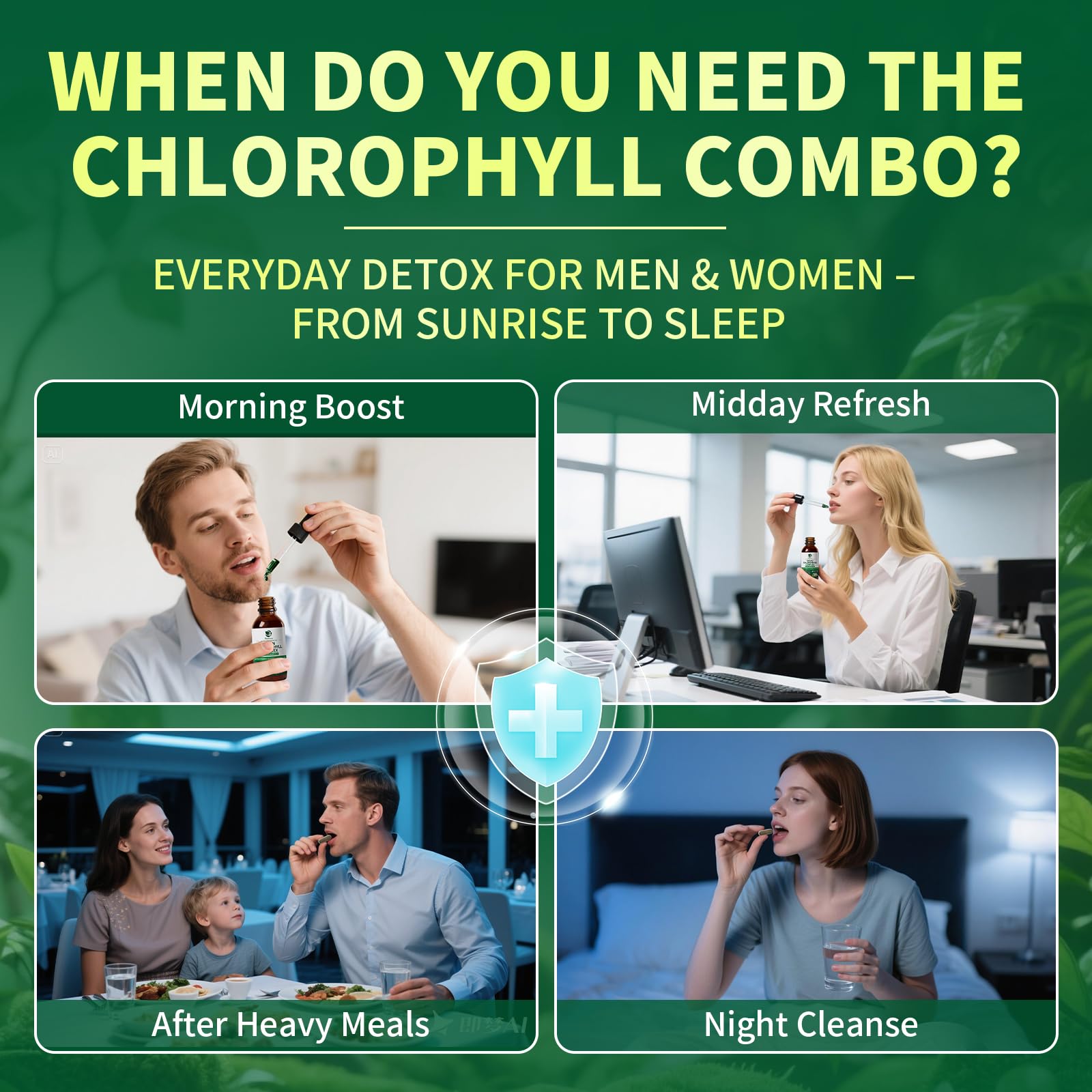 Lukaree Chlorophyll Capsules PM bottle highlighting evening digestive balance blend.