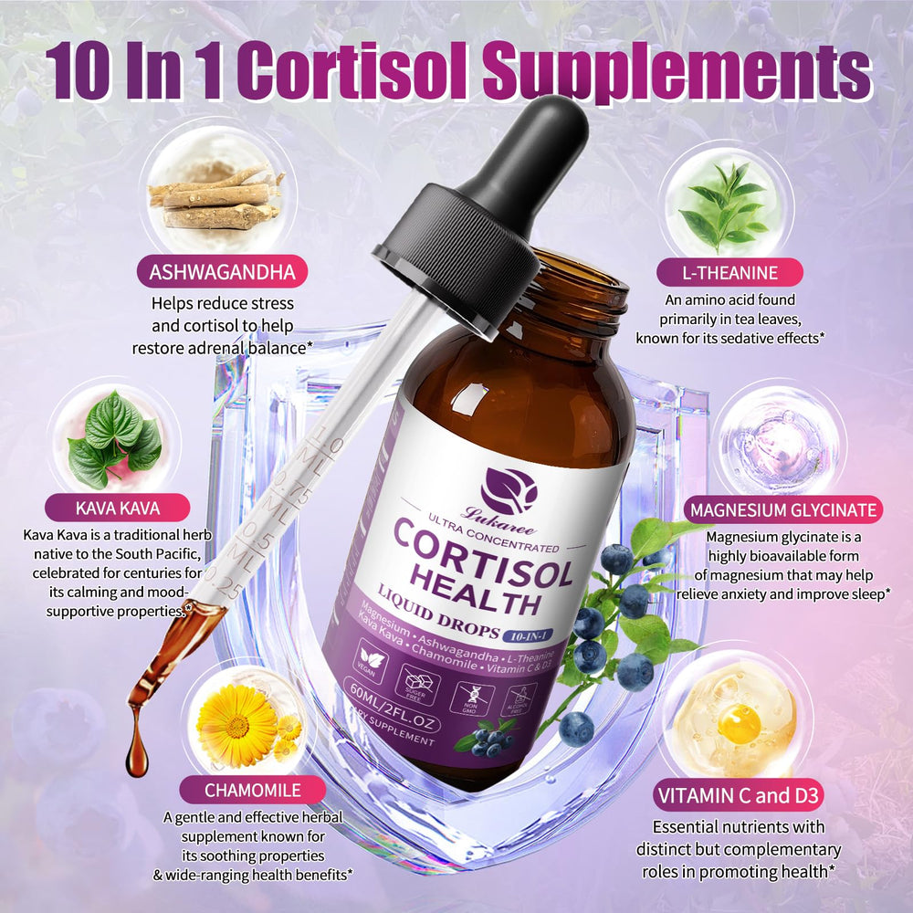 Lukaree Cortisol Drops blueberry dropper showing fast-acting liquid support.