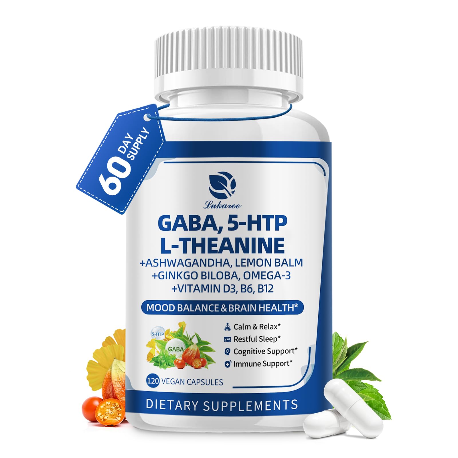 Lukaree GABA 750mg bottle close-up highlighting calm and sleep support potential