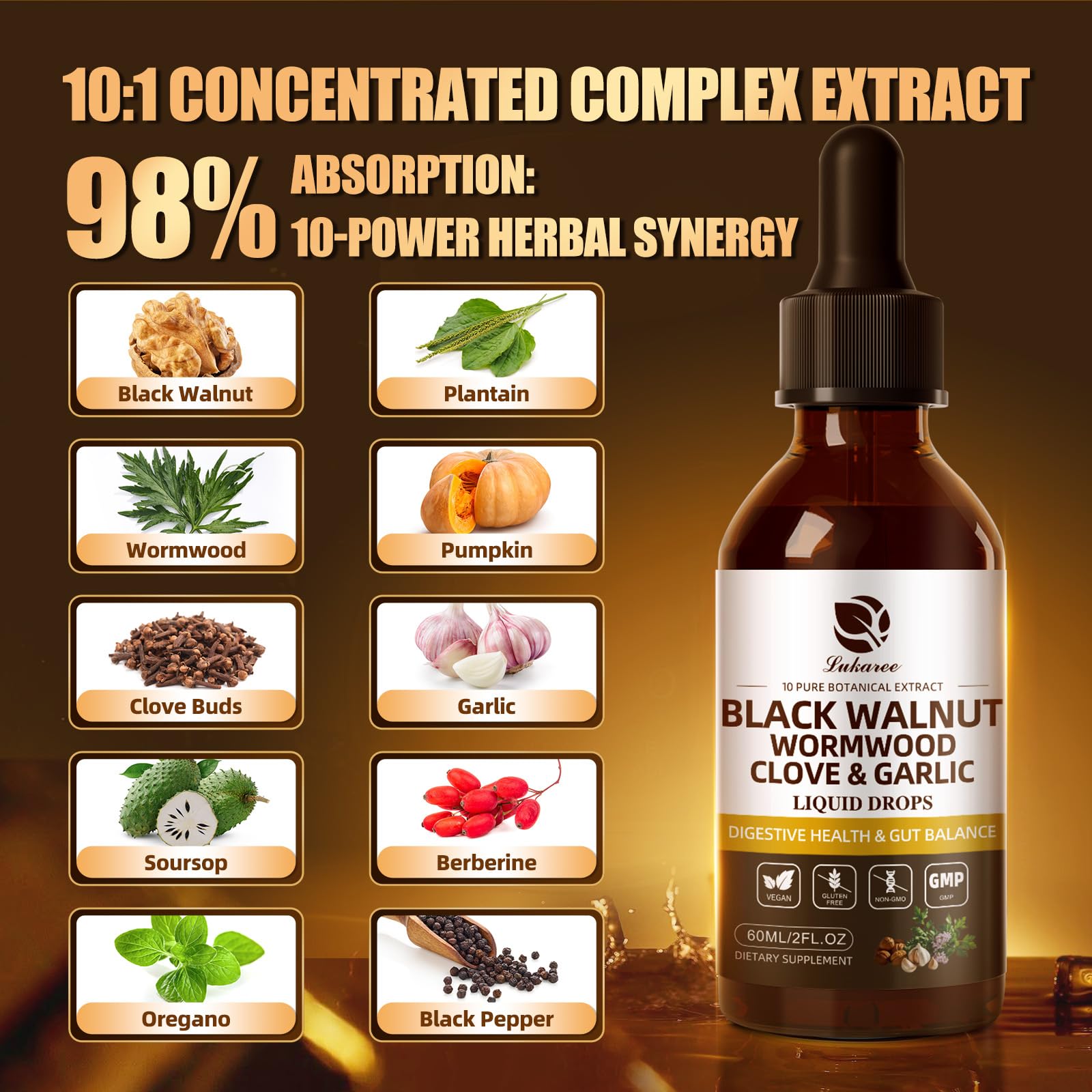 Lukaree garlic berberine drops close-up emphasizing on-the-go digestive relief