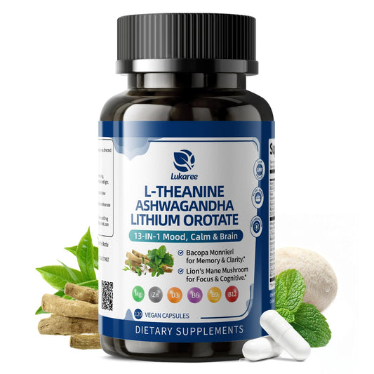 Lukaree Lithium Orotate bottle promoting gentle mood balance and focus