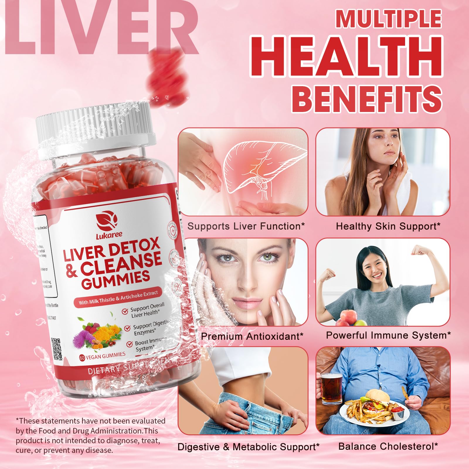 Lukaree Liver Cleanse gummies raspberry flavor close-up for taste appeal.