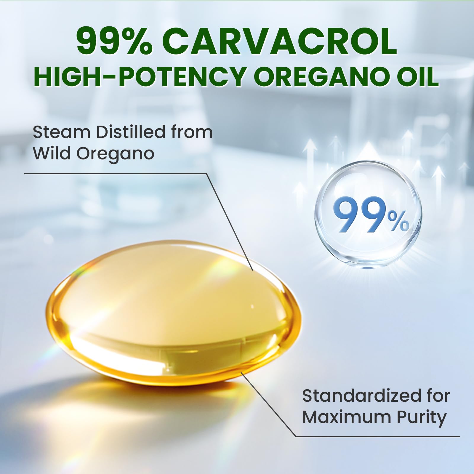 Lukaree oregano oil 99% carvacrol graphic highlighting potency.