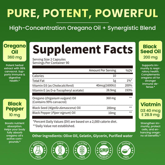 Lukaree oregano oil capsules bottle back label detailing ingredients and directions