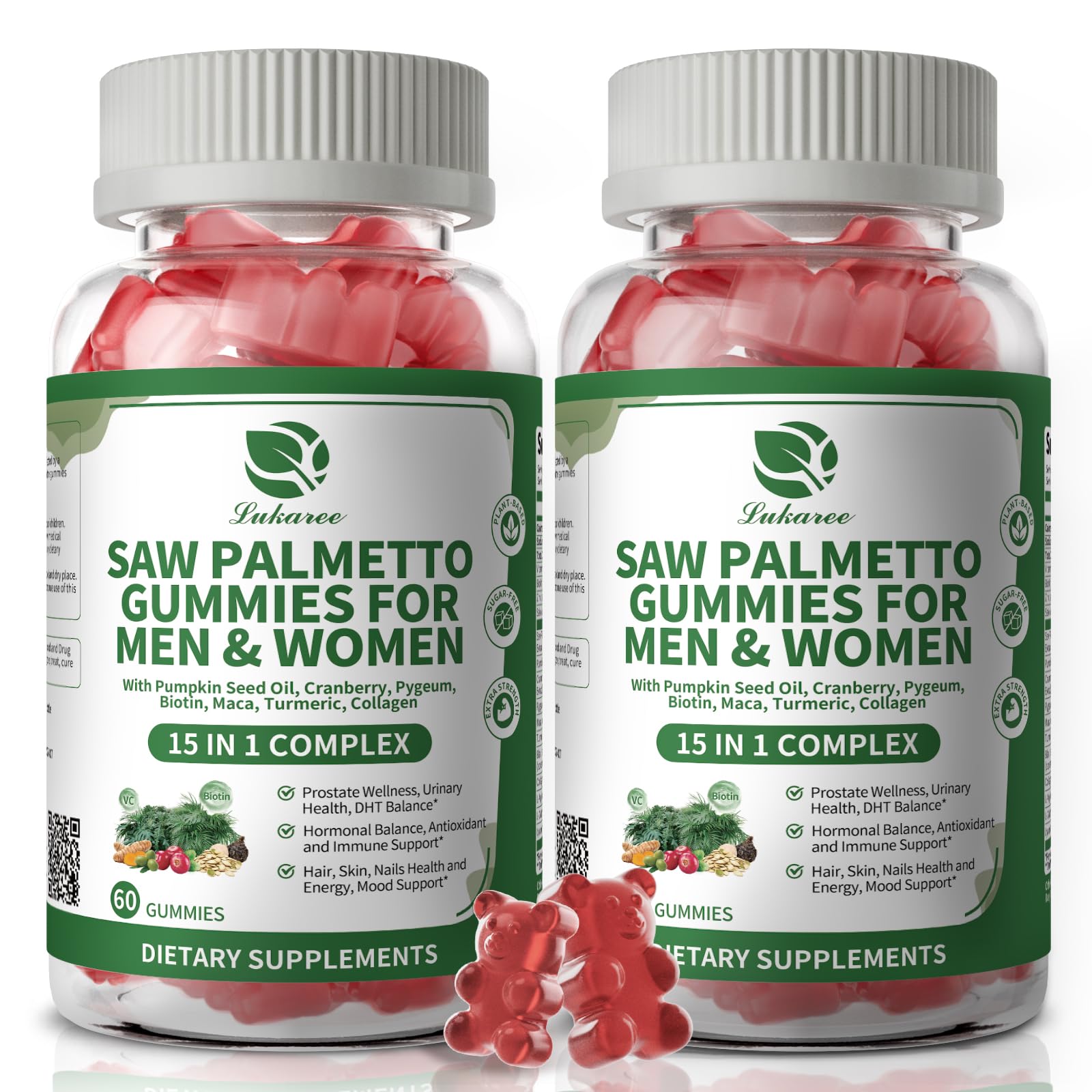 Lukaree Saw Palmetto bottle front showing 60-day supply for daily prostate support.