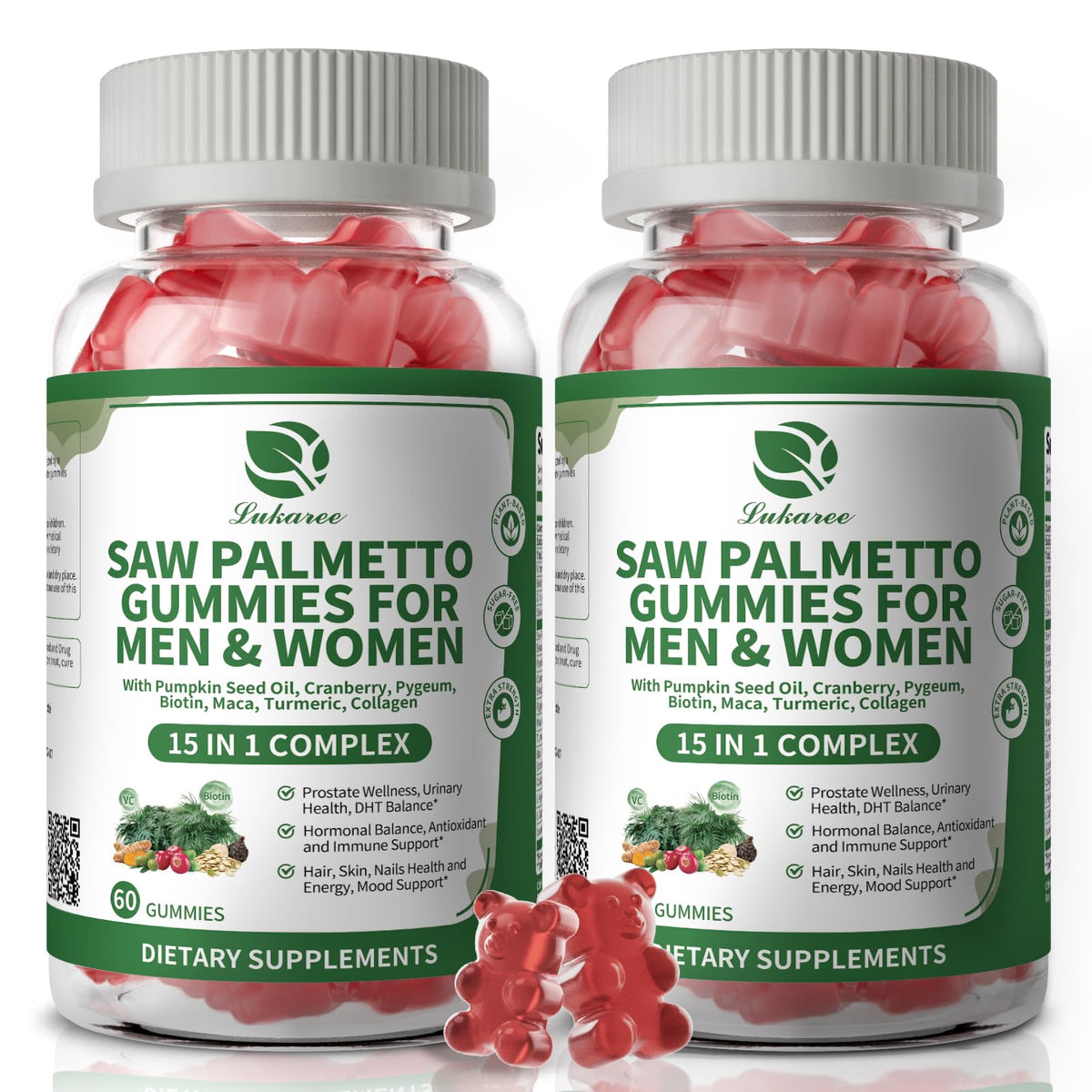 Lukaree Saw Palmetto bottle front showing 60-day supply for daily prostate support.