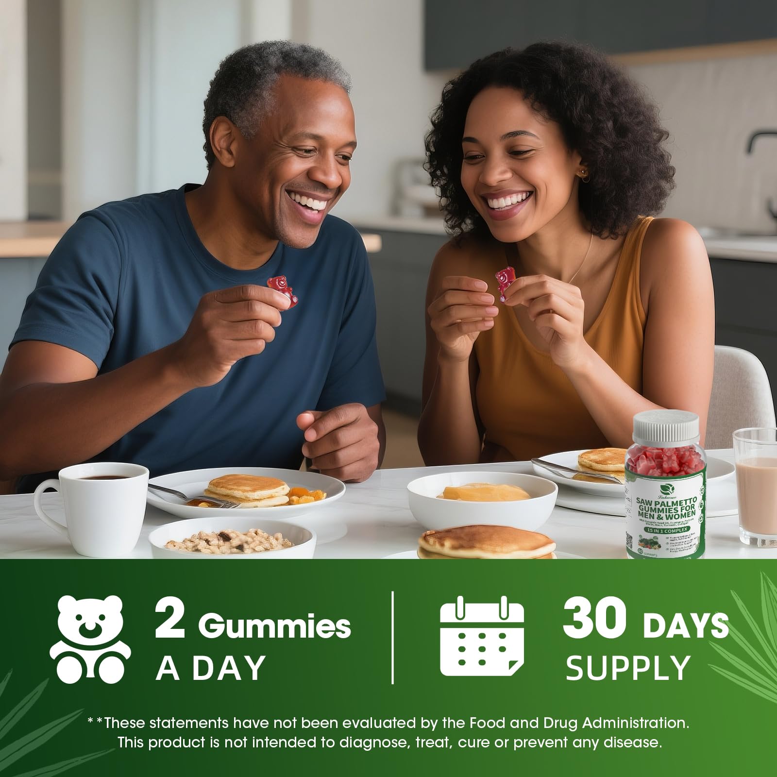Product image foreground showing convenient two gummies per day dosage.