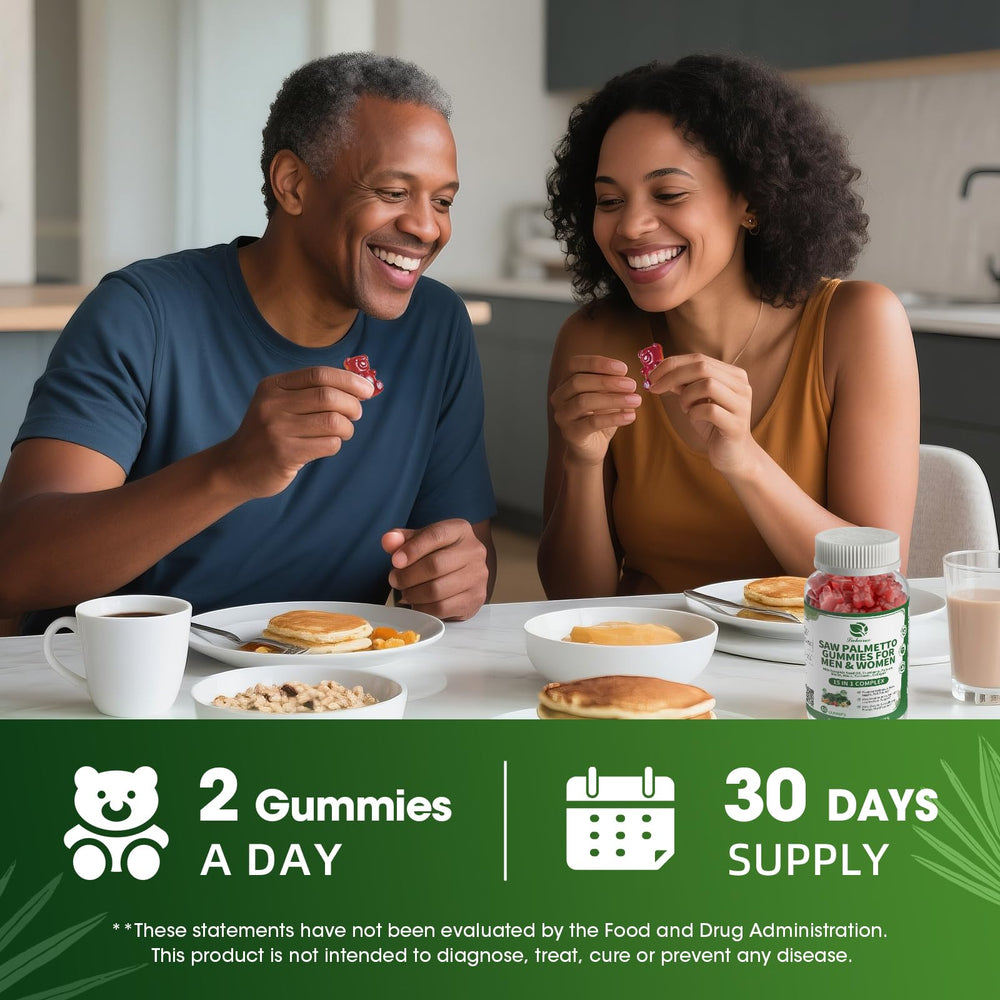 Product image foreground showing convenient two gummies per day dosage.