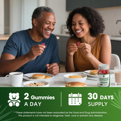 Product image foreground showing convenient two gummies per day dosage.
