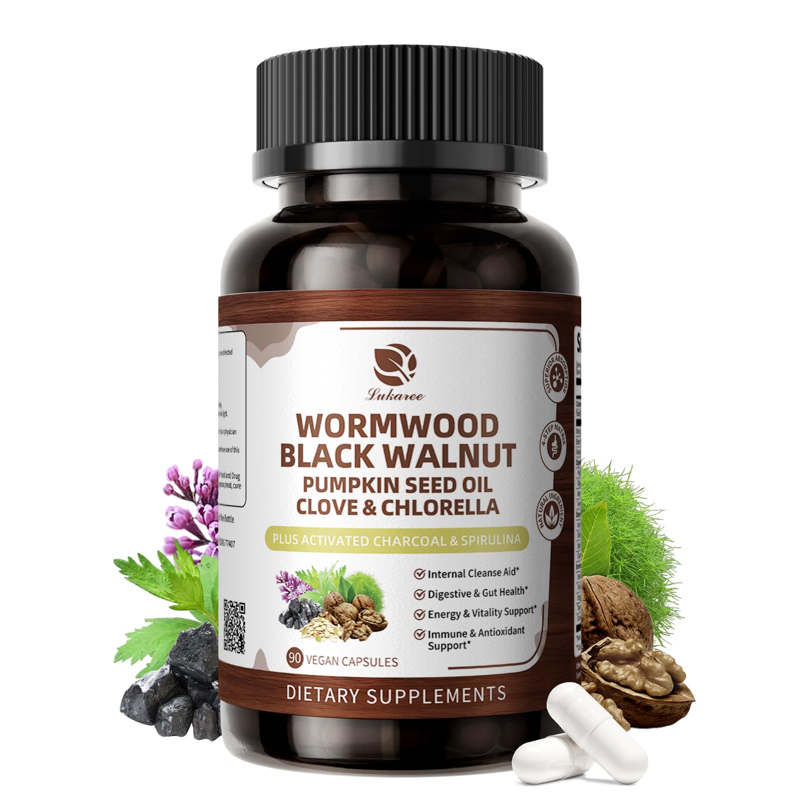 Lukaree Wormwood and Black Walnut Cleanse bottle highlights the gut support formula.