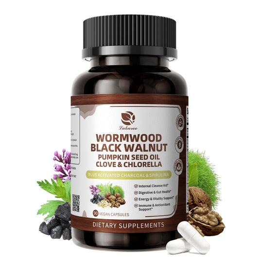 Lukaree Wormwood and Black Walnut Cleanse bottle highlights the gut support formula.