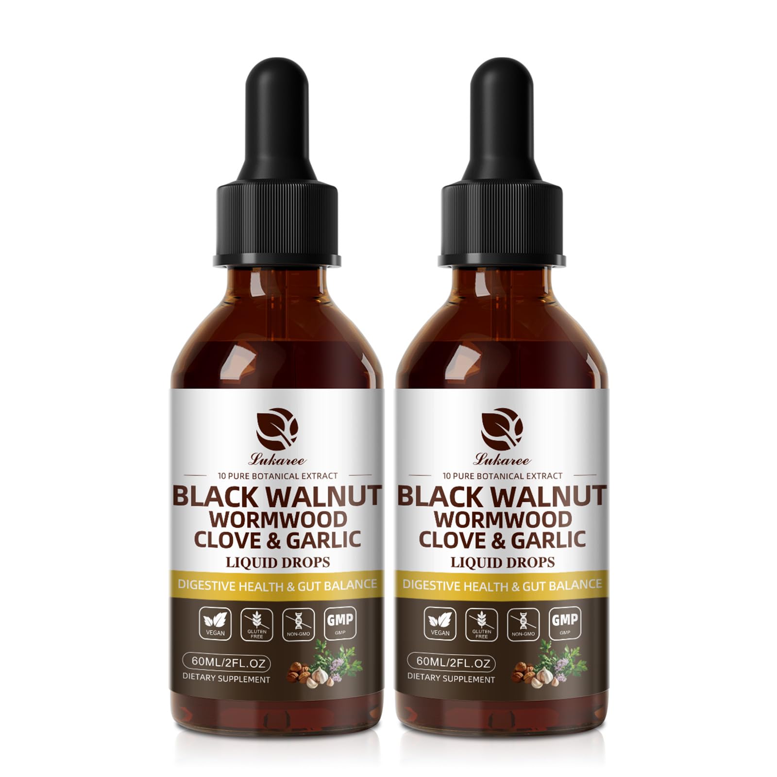 Lukaree Wormwood Black Walnut Clove bottle highlights potent drops for daily gut support