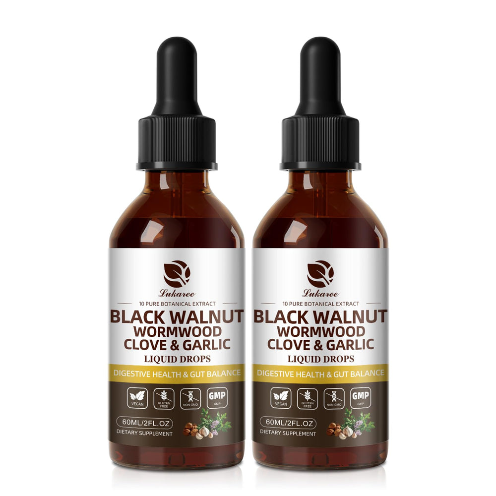 Lukaree Wormwood Black Walnut Clove bottle highlights potent drops for daily gut support