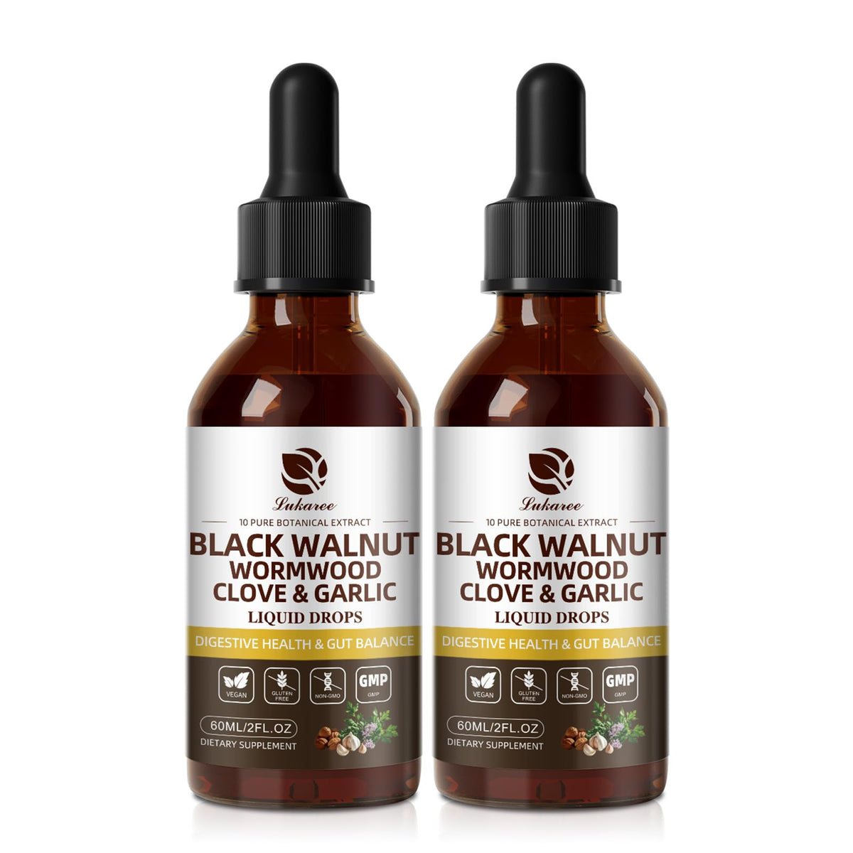 Lukaree Wormwood Black Walnut Clove bottle highlights potent drops for daily gut support