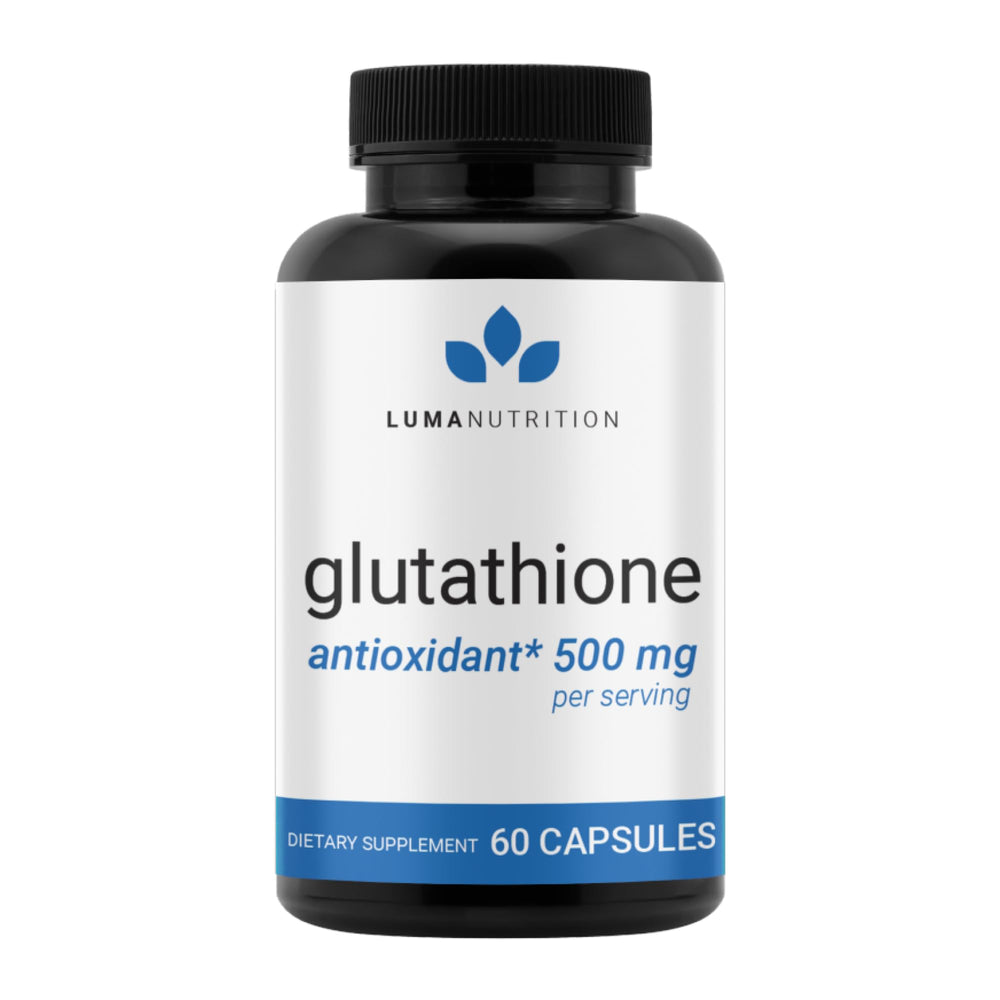 Luma Nutrition glutathione 500mg bottle front for antioxidant support.