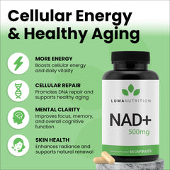 Close-up of Luma Nutrition NAD+ capsules highlighting high-potency formula.