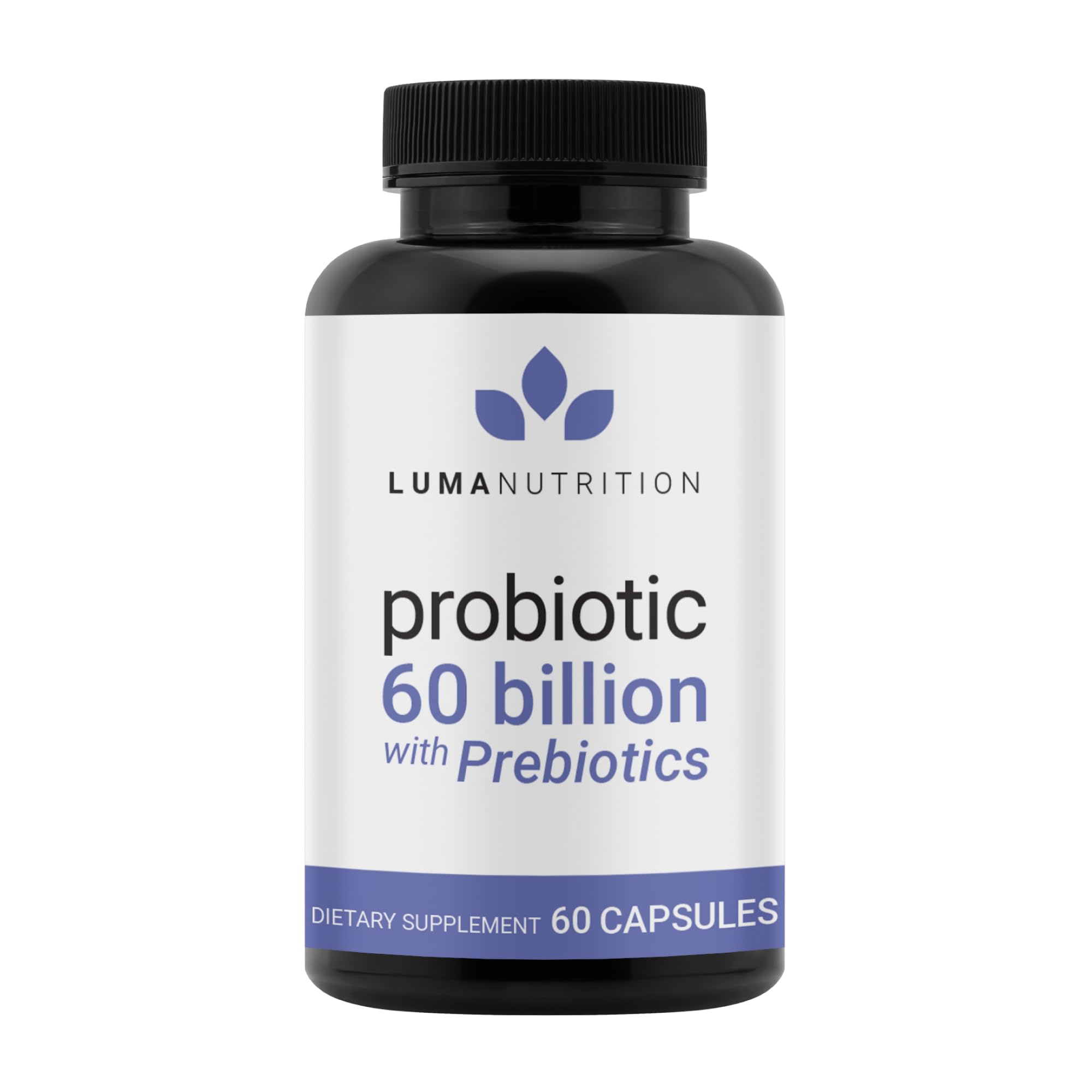 Luma Nutrition Probiotics 60B CFU bottle close-up, supporting balanced digestion and daily wellness.