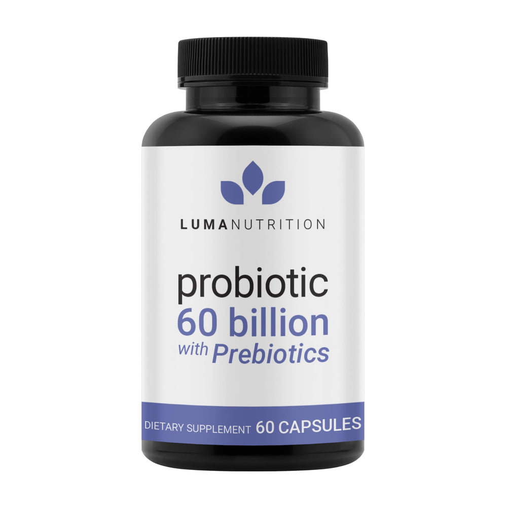 Luma Nutrition Probiotics 60B CFU bottle close-up, supporting balanced digestion and daily wellness.