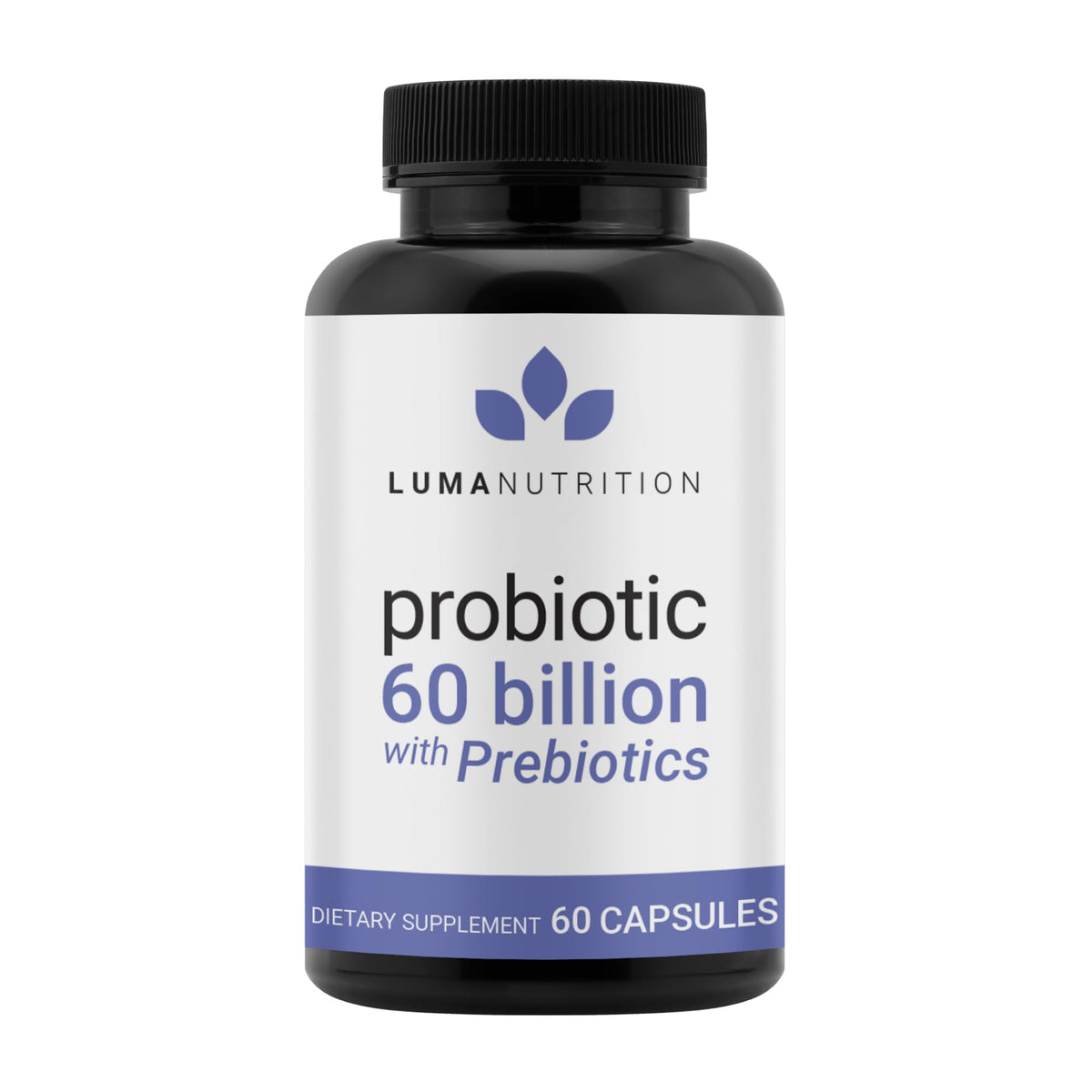 Luma Nutrition Probiotics 60B CFU bottle close-up, supporting balanced digestion and daily wellness.