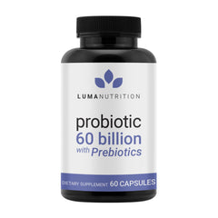 Luma Nutrition Probiotics 60B CFU bottle close-up, supporting balanced digestion and daily wellness.