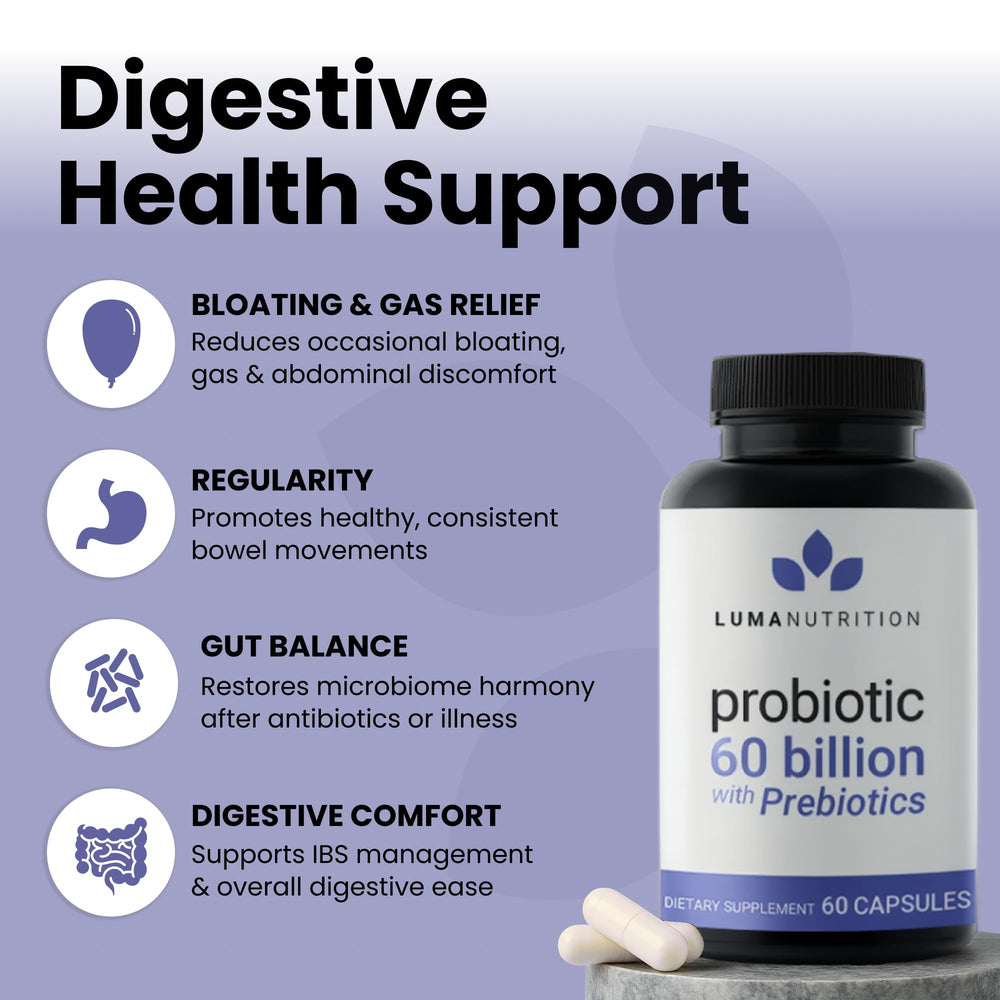 Luma Nutrition Probiotics prebiotics formula, showing ingredients benefits for gut health and immune resilience.