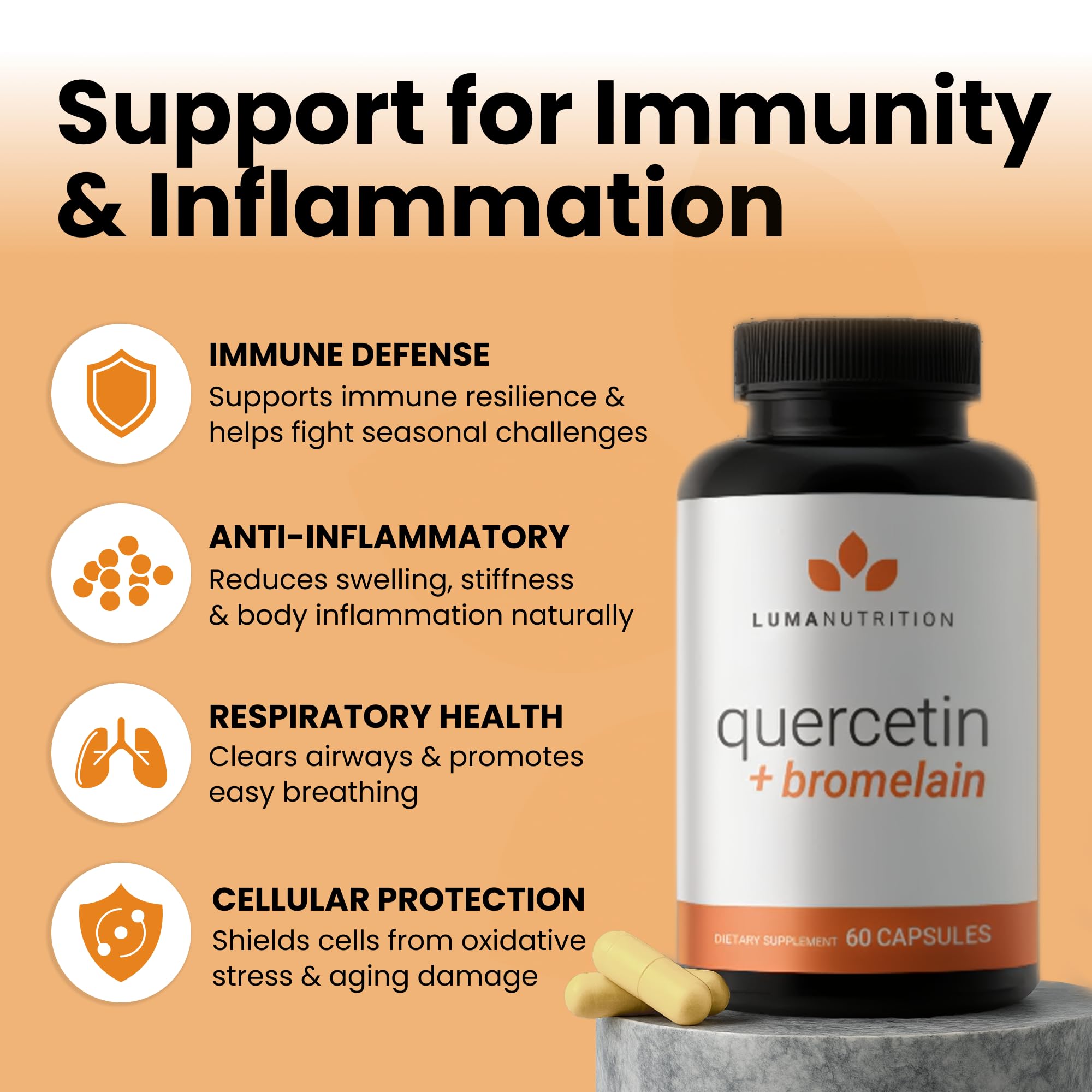 Luma Nutrition Quercetin capsules close-up showing a two-capsule serving.