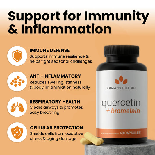 Luma Nutrition Quercetin capsules close-up showing a two-capsule serving.